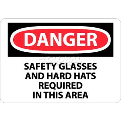 NMC D610RB OSHA Sign, Danger Safety Glasses & Hard Hats Required In This Area, 10" X 14", Wht/Rd/Blk