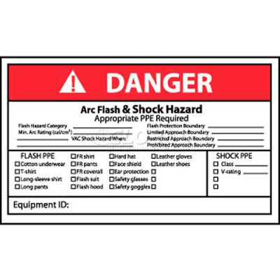 NMC DGA65AP Arc Flash Labels, Danger Arc Flash & Shock Hazard, 3" X 5", White/Red/Black