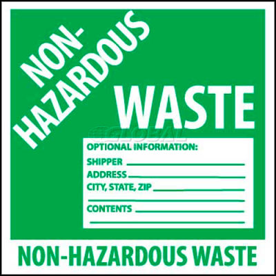 NMC HW5ALV Container Label, Non-Hazardous Waste, 6" X 6", White/Green