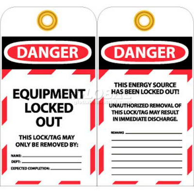 NMC LOTAG37-25 Tags, Danger Equipment Locked Out, 6" X 3-1/4", White/Red/Black, 25/Pk