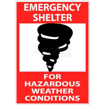 NMC M121RB Sign, Emergency Shelter For Hazardous Weather Conditions, 14" X 10", White/Red/Black