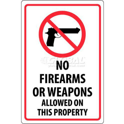 NMC M452G Security Sign, No Firearms Or Weapons Allowed On This Property, 18" X 12", White/Red/Black