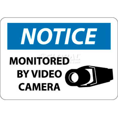 NMC N297RB OSHA Sign, Notice Monitored By Video Camera, 10" X 14", White/Blue/Black