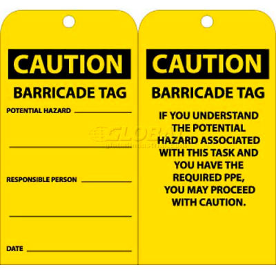 NMC RPT166 Tags, Caution Barricade Tag, 6" X 3", Yellow/Black, 25/Pk