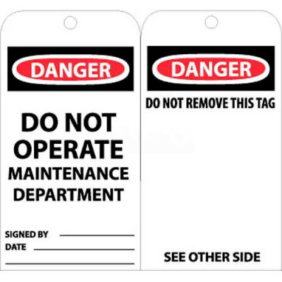 NMC RPT2 Tags, Danger Do Not Operate Maintenance Dept, 6" X 3", White/Red/Black, 25/Pk