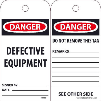 NMC RPT59 Tags, Danger Defective Equipment, 6" X 3", White/Red/Black, 25/Pk