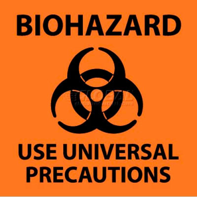 NMC S95R See Sign, Biohazard Use Universal Precautions, 7" X 7", Orange/Black