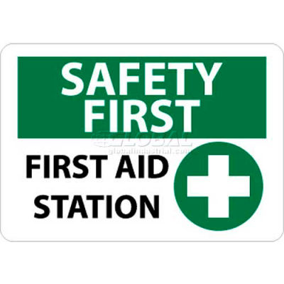 NMC SF161RB OSHA Sign, Safety First - First Aid Station, 10" X 14", White/Green/Black