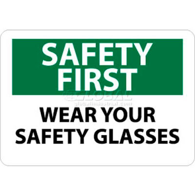 NMC SF39RB OSHA Sign, Safety First - Wear Your Safety Glasses, 10" X 14", White/Green/Black