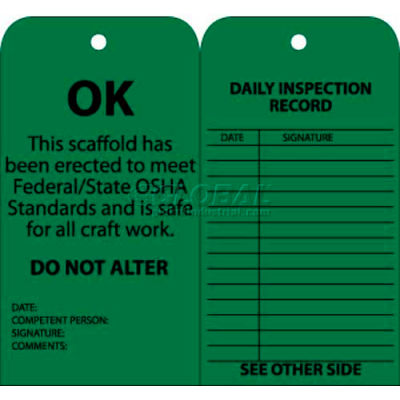 NMC SPT3 Tags, Scaffold Inspection W/Grommet, 6" X 3", Green, 25/Pk