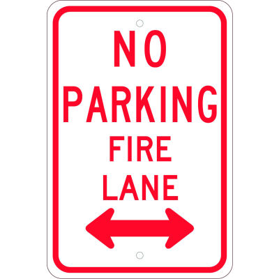 NMC TM620J Traffic Sign, No Parking Fire Lane Double Arrow, 18" X 12", White