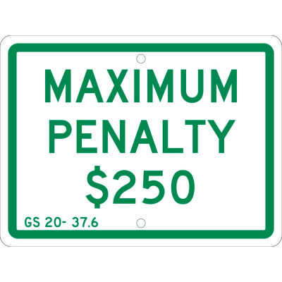 NMC TMAS15H Traffic Sign, Maximum Penalty $250, 9" X 12", White