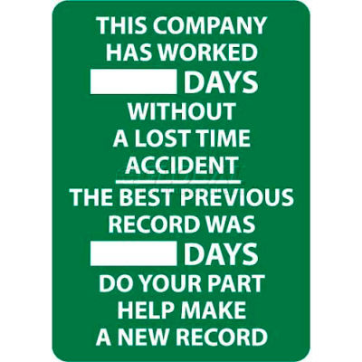 Write-On Scoreboard, This Company Has Worked Days Without A Lost Time Accident, 28 X 20, Wht/Grn