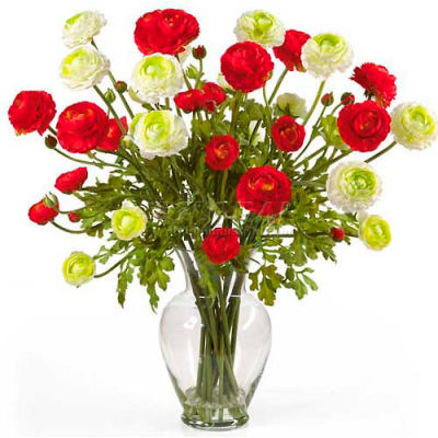 Nearly Natural Ranunculus Liquid Illusion Silk Flower Arrangement, Red/White