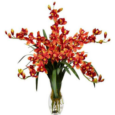 Nearly Natural Cymbidium Orchid Silk Flower Arrangement, Burgundy