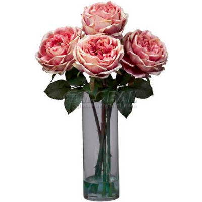 Nearly Natural Fancy Rose with Cylinder Vase Silk Flower Arrangement, Pink