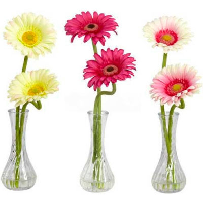 Nearly Natural Gerber Daisy with Bud Vase (Set of 3), Cream/Pink/Beauty