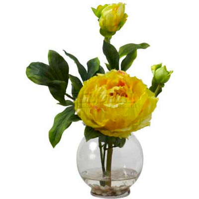 Nearly Natural Peony with Fluted Vase Silk Flower Arrangement, Yellow