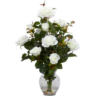 Nearly Natural Rose Bush with Vase Silk Flower Arrangement, White