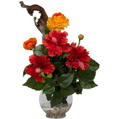 Nearly Natural Hibiscus & Ranunculus with Fluted Vase Silk Flower Arrangement