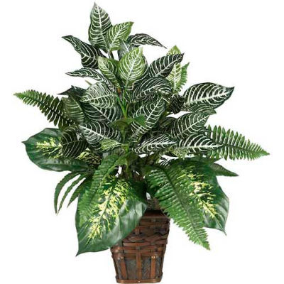 Nearly Natural Mixed Greens Zebra with Wicker Silk Plant