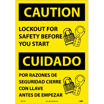Bilingual Vinyl Sign - Caution Lockout For Safety Before You Start
