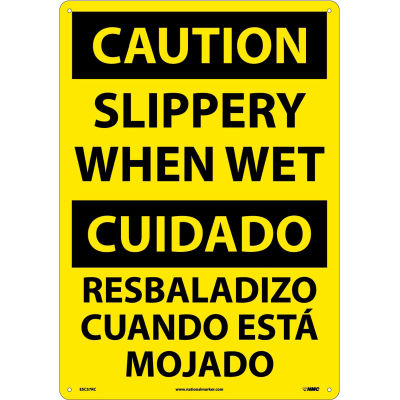 Bilingual Plastic Sign - Caution Slippery When Wet