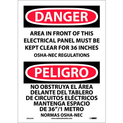 Bilingual Vinyl Sign - Danger Area In Front Of This Electrical Panel Kept Clear
