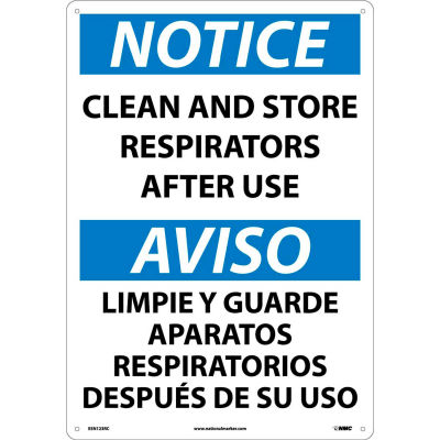 Bilingual Plastic Sign - Notice Clean And Store Respirators After Use