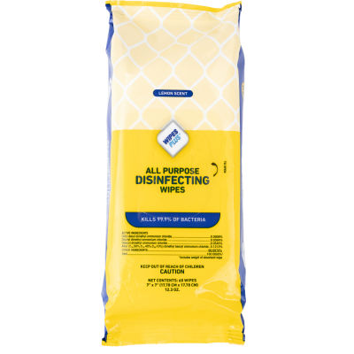 WipesPlus® All Purpose Disinfecting Wipes, 7" x 7", Lemon Scent, 60 Wipes/Packet - Pkg Qty 12