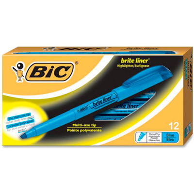 Bic® Brite Liner Highlighter with Pocket Clip, Chisel Tip, Blue Ink, Dozen