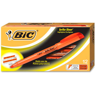 Bic® Brite Liner Highlighter with Pocket Clip, Chisel Tip, Orange Ink, Dozen