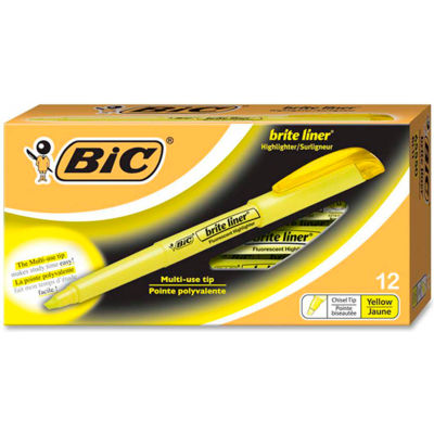 Bic® Brite Liner Highlighter with Pocket Clip, Chisel Tip, Yellow Ink, Dozen