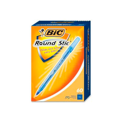 Bic® Round Stic Ballpoint Pen, Medium, Blue Ink, 60/Box