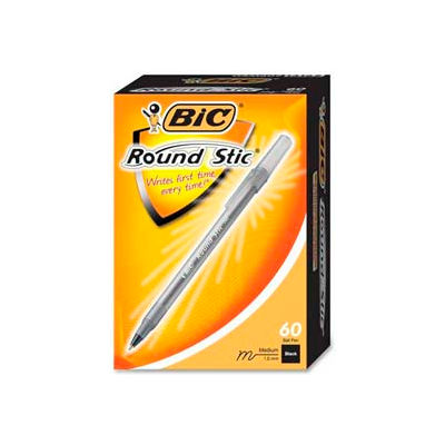 Bic® Round Stic Ballpoint Pen, Medium, Black Ink, 60/Box