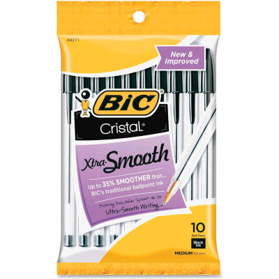 Bic® Cristal Stick Ballpoint Pen, Medium, Black Ink, Clear Barrel, 10/Pack
