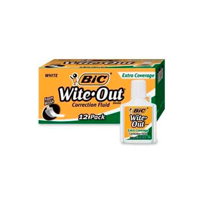 Bic® Wite-Out® Extra Coverage Correction Fluid, Foam Applicator, 20 ml, White, 12/Dozen