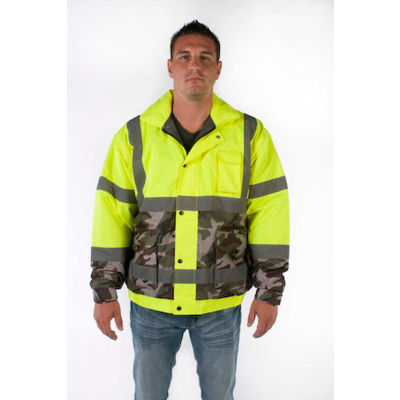 Utility Pro Hi-Vis Bomber Jacket, ANSI Class 3, 4XL, Yellow/Camo