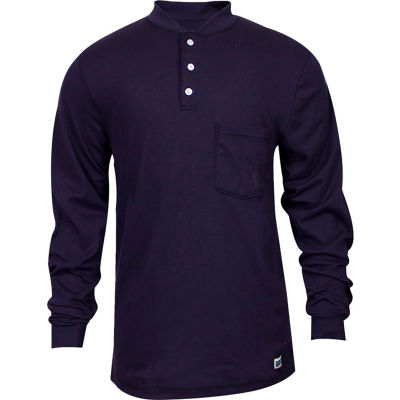 National Safety Apparel® Flame Resistant Classic Cotton Henley, L, Navy, C54PIBSLSLG
