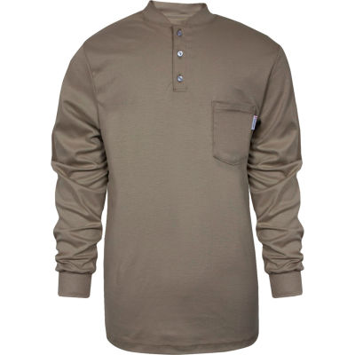 National Safety Apparel® TrueComfort® Flame Resistant Henley, S, Khaki, C54VKBSLSSM