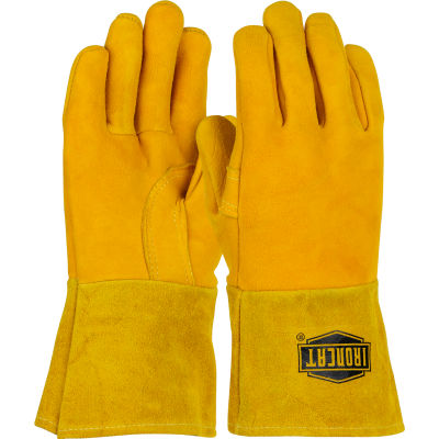 Ironcat Insulated Top Grain Reverse Deerskin MIG Welding Gloves, Gold, Large, All Leather - Pkg Qty 6