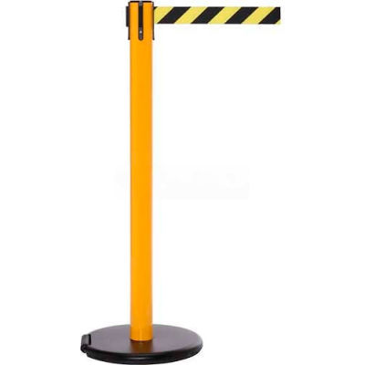 Yellow Post Safety Barrier , 11 Ft., Dark Green Belt - W/Roller Base - Pkg Qty 2