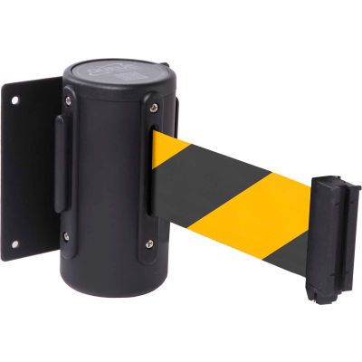 Wall Mount Retractable Belt Barrier, Black Case W/10' Black/Yellow Belt