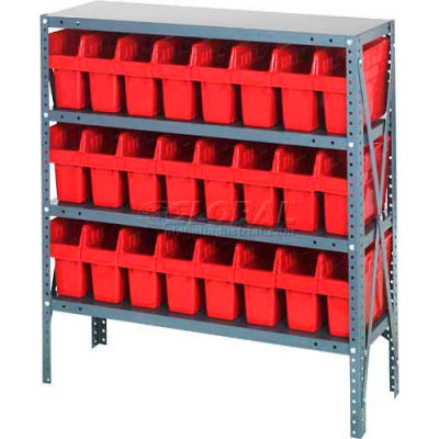 Red 36x18x39 30 7 Shelf Steel Shelving with 4H Plastic Shelf Bins
