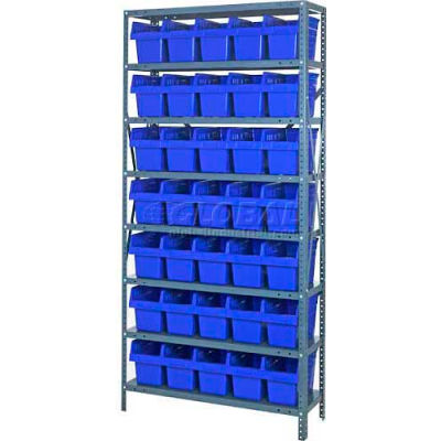 Quantum 1275-SB802 Steel Shelving with 35 8"H Plastic Shelf Bins Blue, 36x12x75-SB8 Shelves