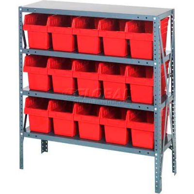 Quantum 1839-SB804 Steel Shelving with 15 8"H Plastic Shelf Bins Red, 36x18x39-SB4 Shelves