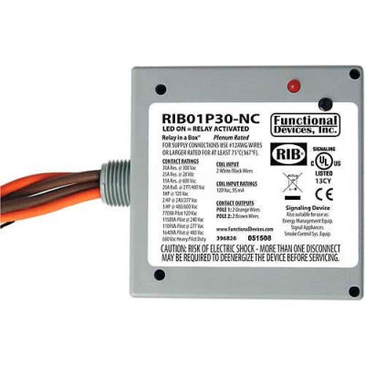 RIB® Enclosed Power Relay RIB01P30-NC, 30A, DPST, 120VAC, Normally Closed