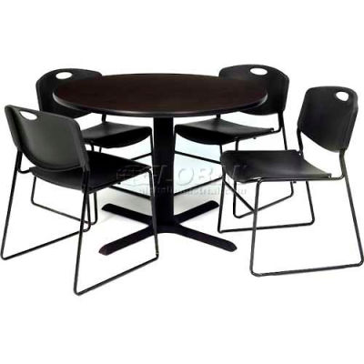 Regency Table and Chair Set - 36" Round - Mocha Walnut Table / Black Wide Plastic Chairs