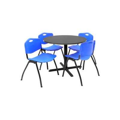 Regency Table and Chair Set - 36" Round - Mocha Walnut Table / Blue Plastic Chairs