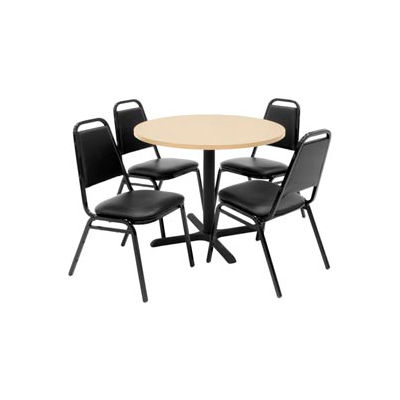 Regency Table and Chair Set - 42" Round - Beige Table / Black Vinyl Chairs